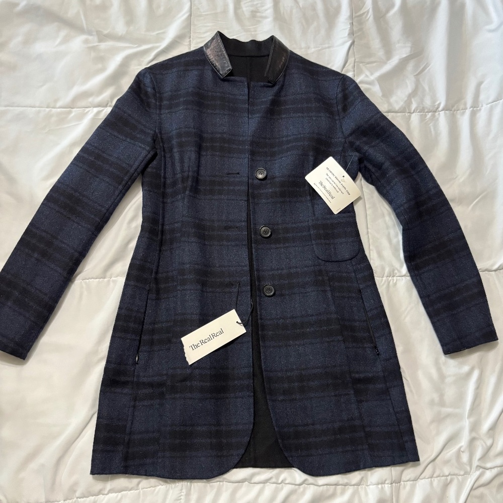 Akris Double Sided Navy Plaid Button Leather Trim Women's Jacket with Pockets
